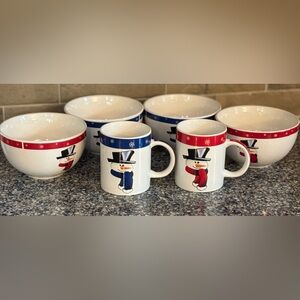 Snowman Themed Bowl and Mug Set - Red and Blue
